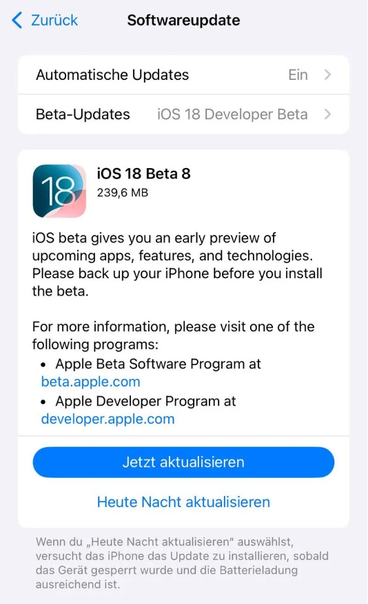 加格达奇苹果手机维修分享苹果 iOS / iPadOS 18 开发者预览版 Beta 8 发布 